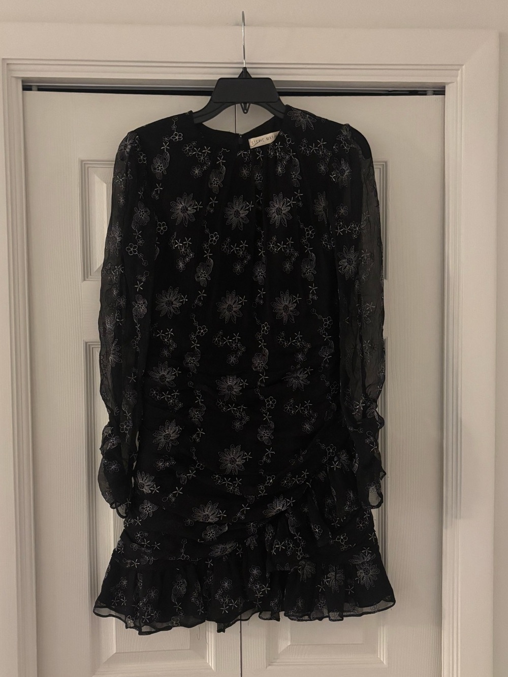 STEVIE MAY Black Long Sleeve Silver Floral Ruffle Ruched Mini Dress - Picture 3 of 15